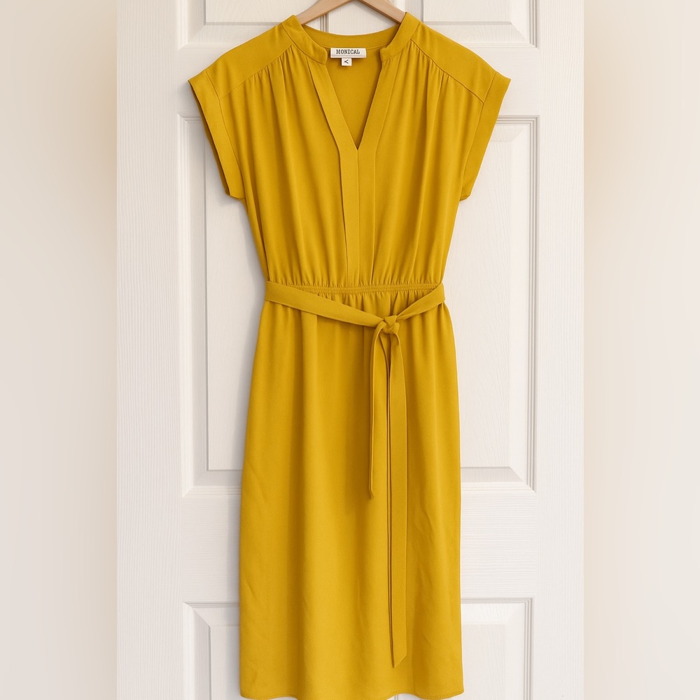 Monteau Mustard Yellow Midi Dress with Waist Tie